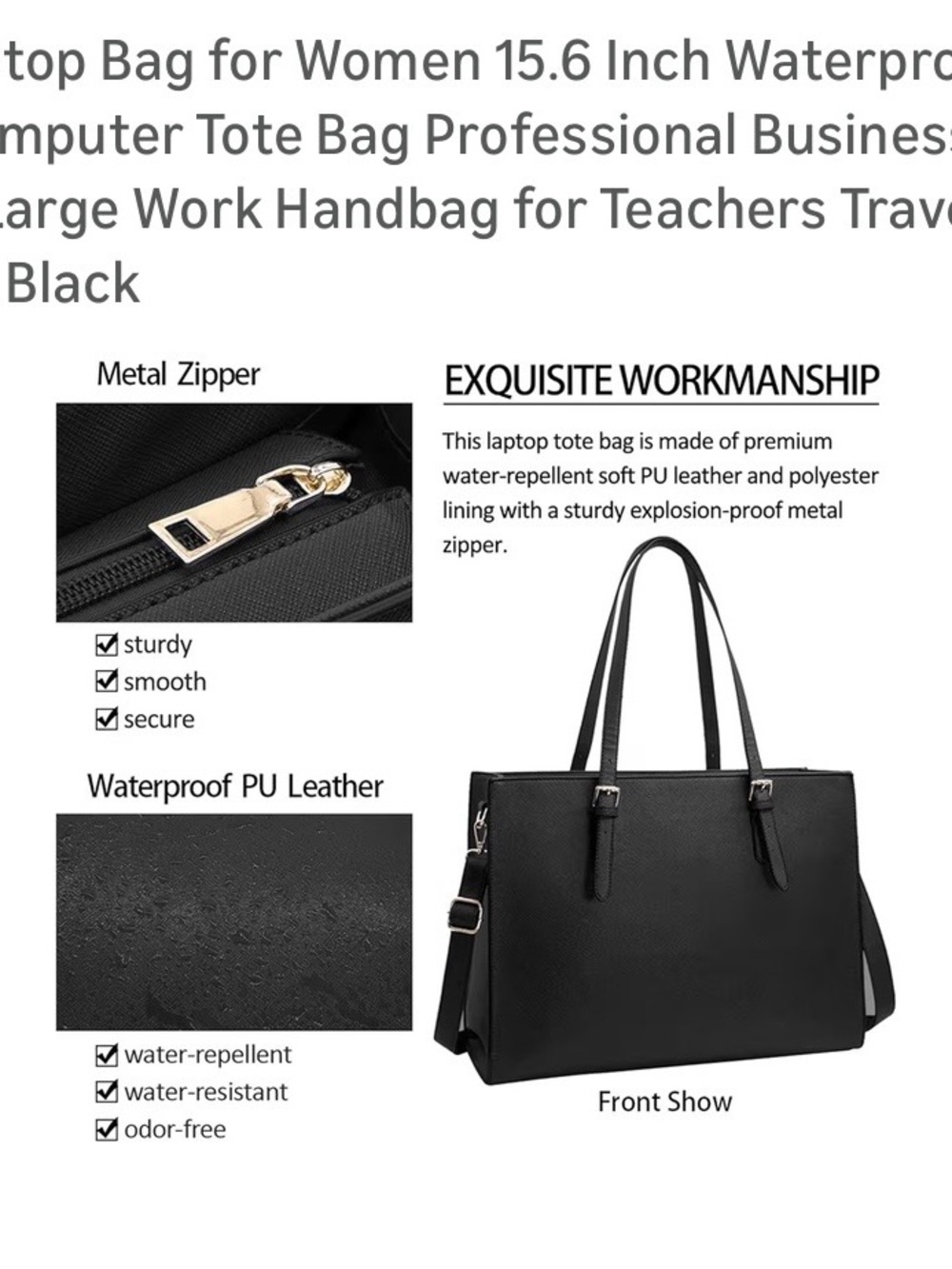 Nubily Black Laptop Tote Bag for Women - Professional Work Handbag